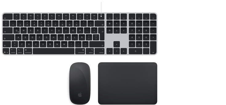Accesorios Magic: Magic Keyboard con Touch ID, Magic Mouse y Magic Trackpad, todos en gris espacial, uno al lado del otro